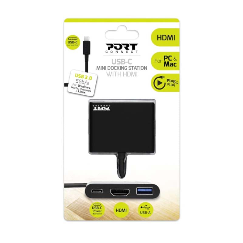 Port Connect 30cm Type-C to HDMI USB3.0 Type-C 60W PD Power Dock - Black