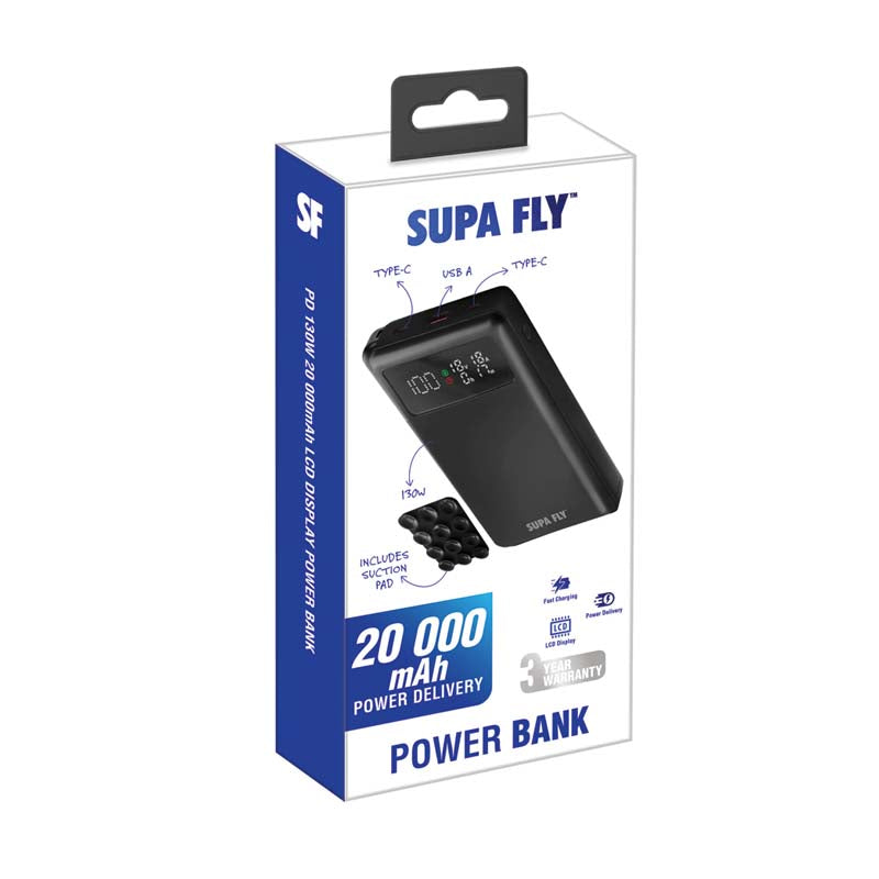 Supa Fly 130W Power Bank 20000mAh USB A & Type-C - Black