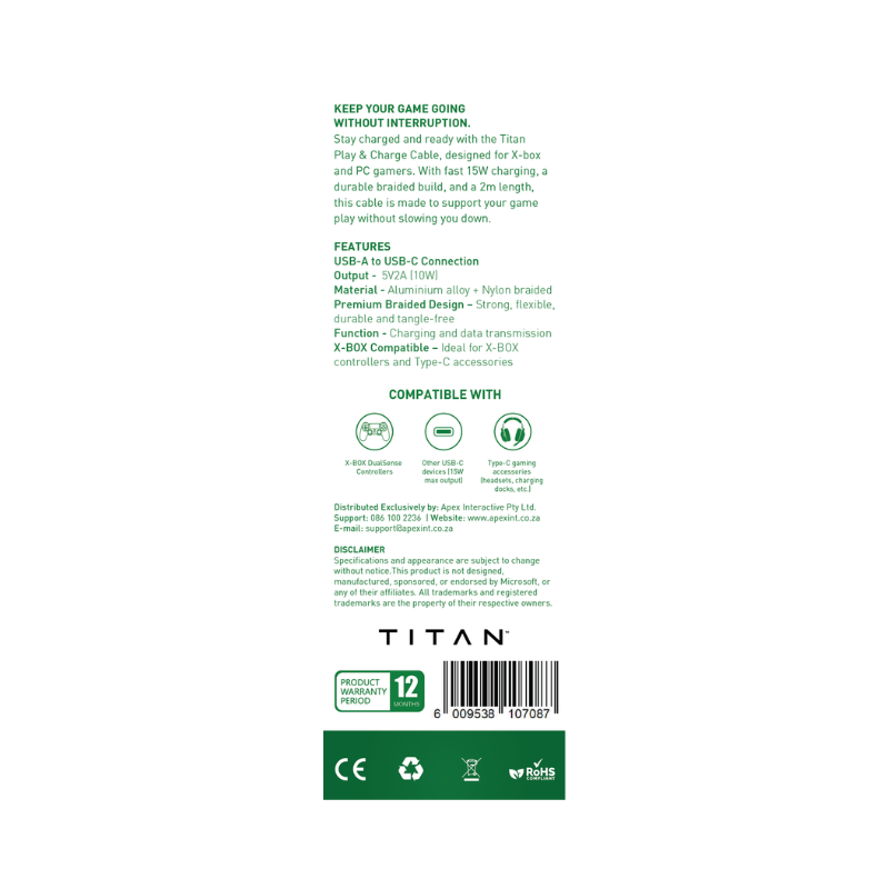 Titan Xbox USB A-C 2M Charge Cable