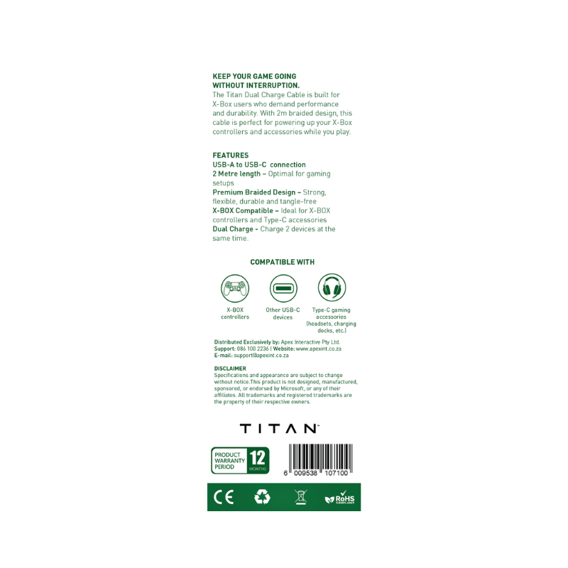 Titan Xbox USB A-C 2M Dual Charge Cable