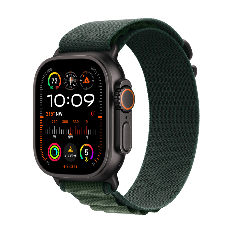Apple Watch Ultra 2 GPS + Cellular 49mm Black Titanium Case with Dark Green Alpine Loop - Small - Green