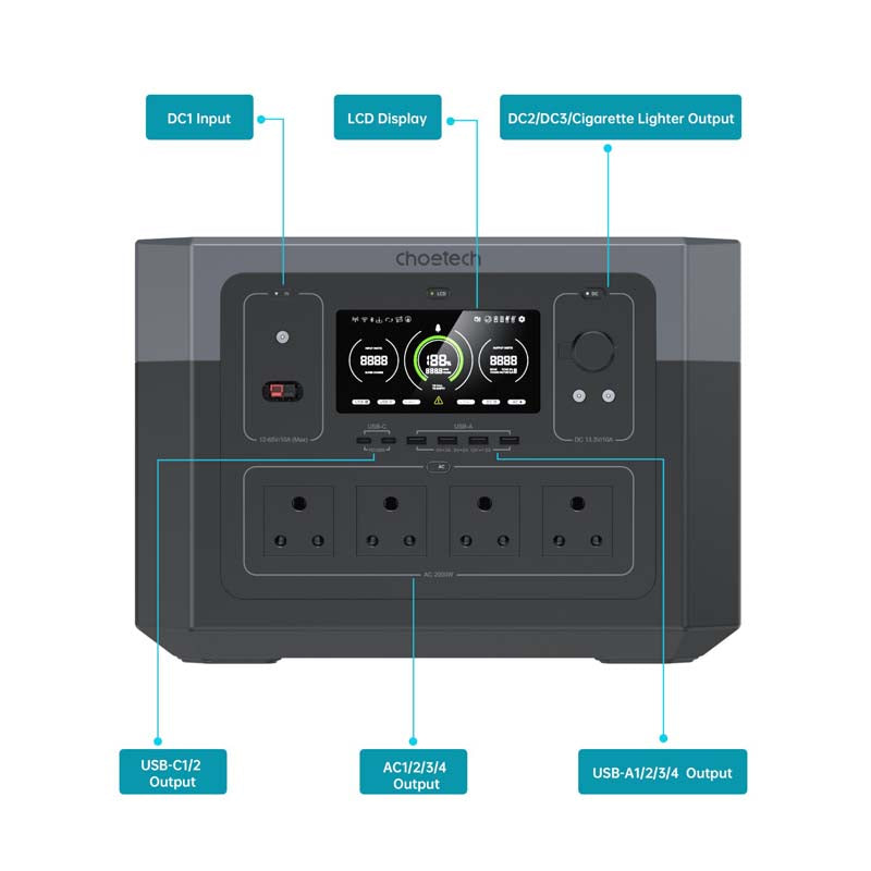 Choetech 2000W/1920Wh Portable Power Station - Black / Silver