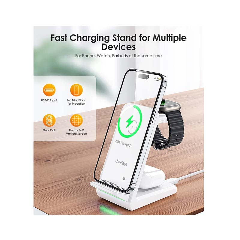 Choetech Fast Wireless 4 In 1 Magnetic Charging Stand T608-F 15W - White - White