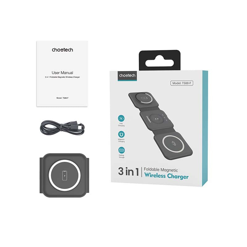 Choetech Foldable 3-in-1 Magnetic Wireless Travel Charger - Black - Black