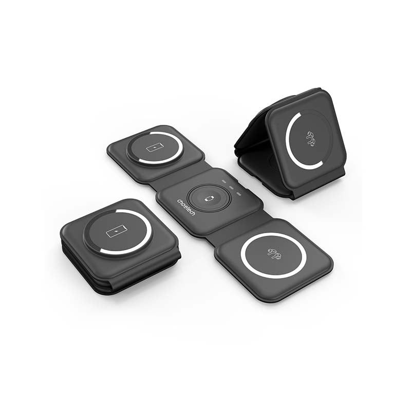 Choetech Foldable 3-in-1 Magnetic Wireless Travel Charger - Black - Black