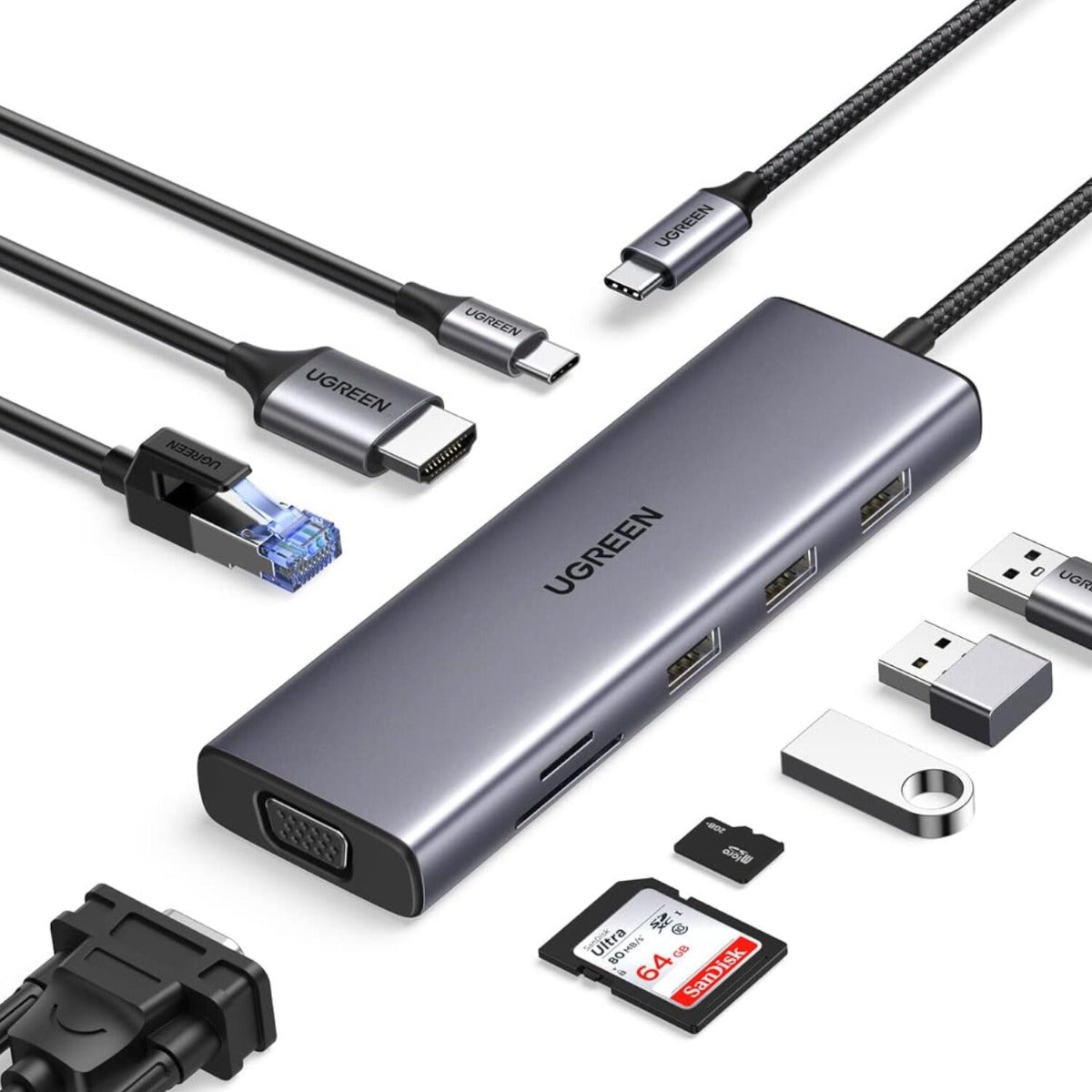 UGREEN 9-in-1 Type C Hub | HDMI | VGA | LAN | SD/TF | 100W PD | USB3.0
