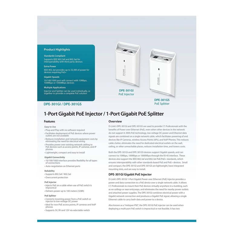 D-Link 1-Port Gigabit 30W PoE Splitter