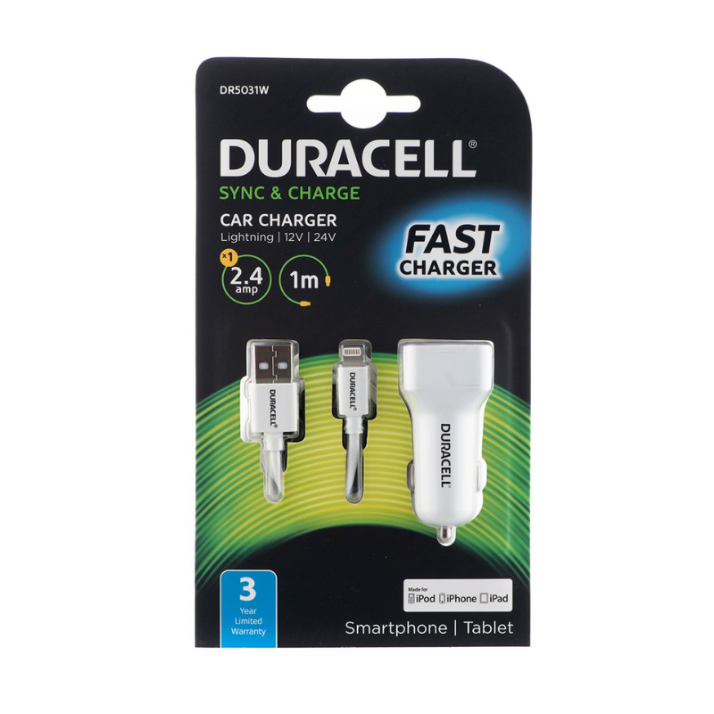 Duracell 2.4A Car Charger + 1m 8 Pin MFI Cable White