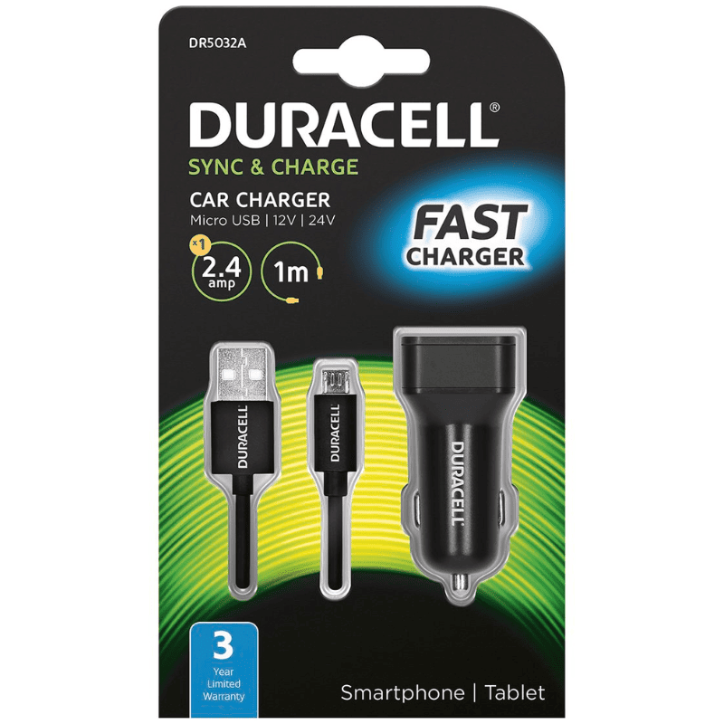 Duracell 2.4A Car Charger + 1m Micro USB Cable - Black
