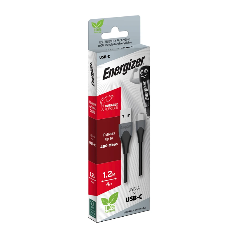 Energizer 1.2m USB A to Type C Cable - Black - Black