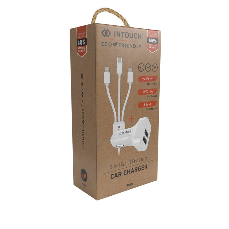 Intouch Dual Car Charger 2.4A + 3 Prong Cable - White - White