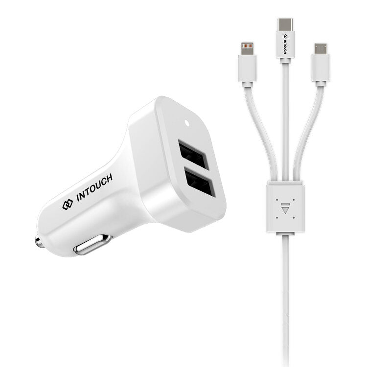 Intouch Dual Car Charger 2.4A + 3 Prong Cable - White - White