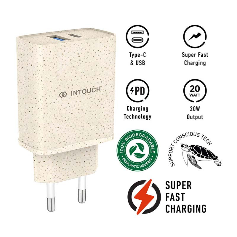 Intouch Eco Friendly Dual Port PD 20W Wall Charger - Wheat Straw - Wheat Straw