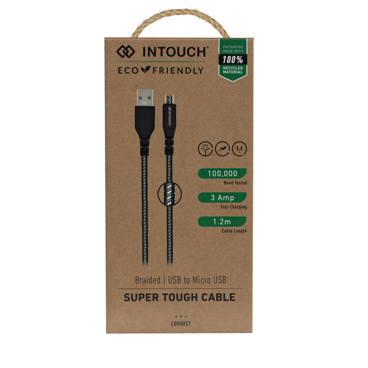 Intouch Micro USB Tough Braided 3A 2M Cable - Black - Black