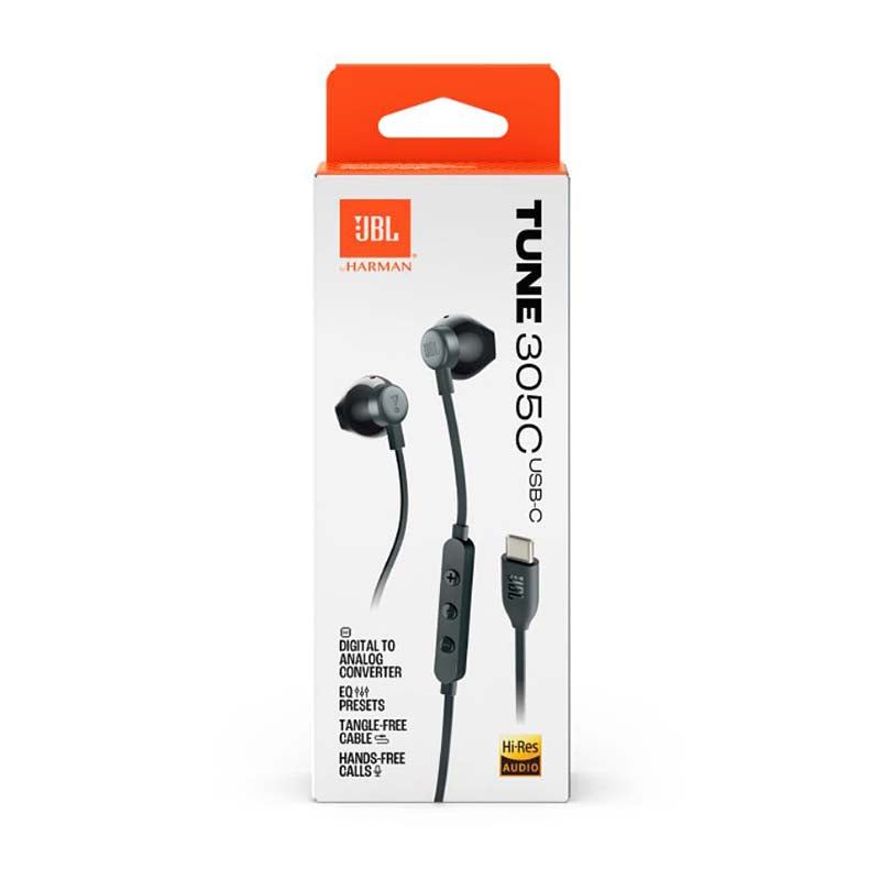 JBL Tune 305C USB-C Wired Hi-Res Earbuds - Black - Black