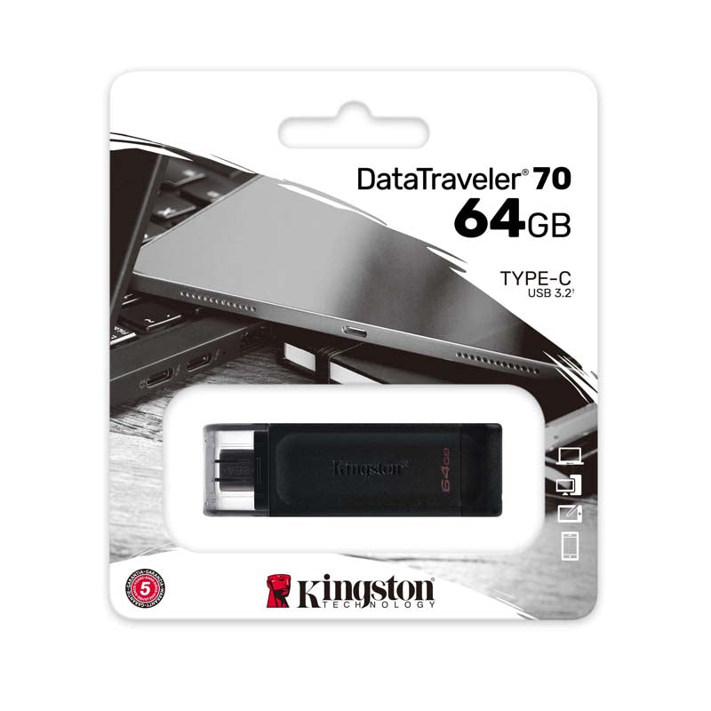 Kingston 64GB USB C 3.2 Gen 1 DataTraveler 70 - Black - Black
