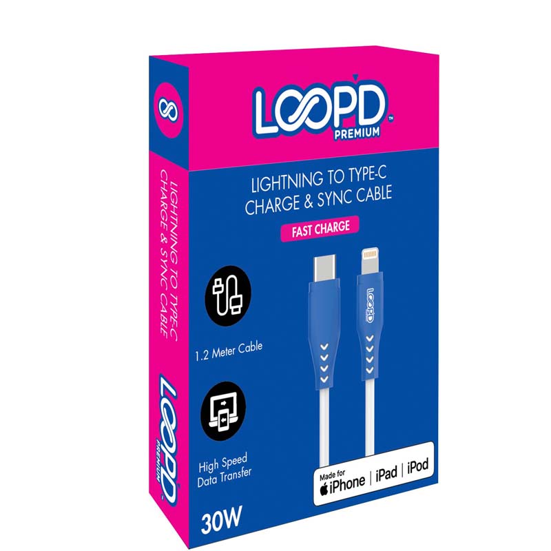 Loopd Apple Lightning To Type C Cable 30W 1.2M - White /Blue - White