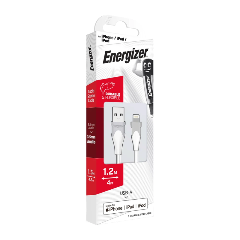 Energizer 1.2m USB A to Lightning Cable - White