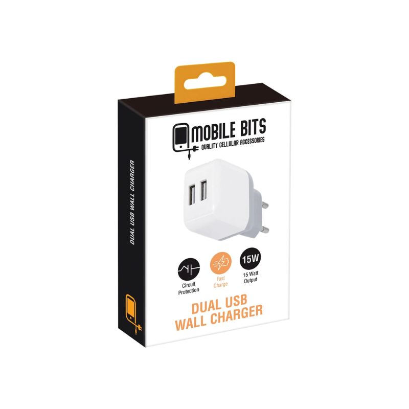 Mobile Bits 15 Watt Dual USB A Wall Charger - White - White
