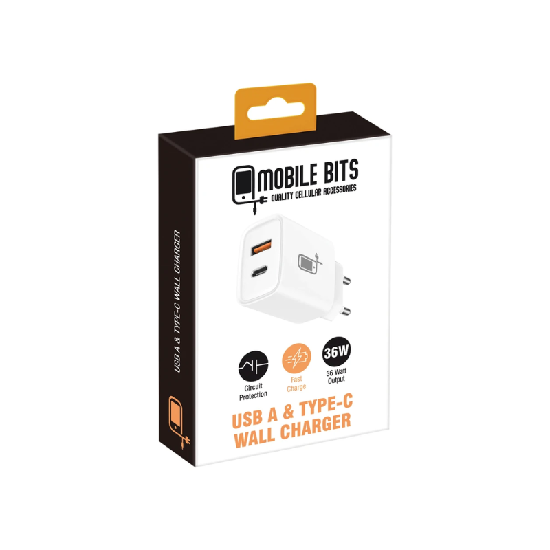 Mobile Bits 36W Dual USB A & Type-C Wall Charger - White - White