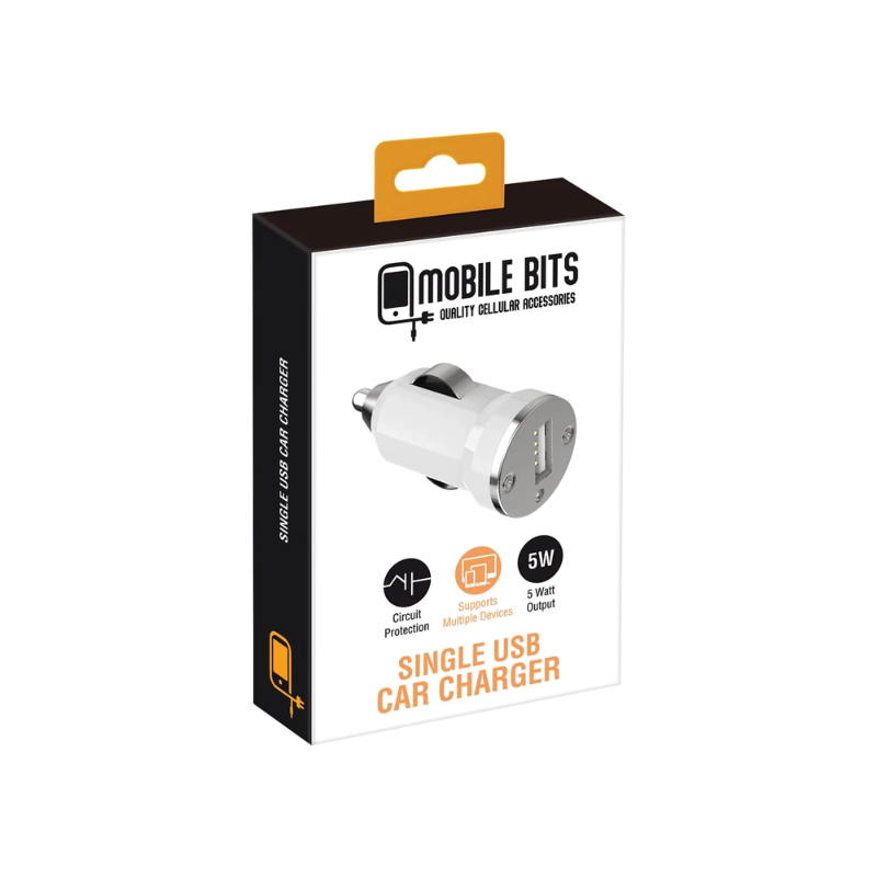 Mobile Bits 5 Watt USB A Car Charger - White & Grey - White