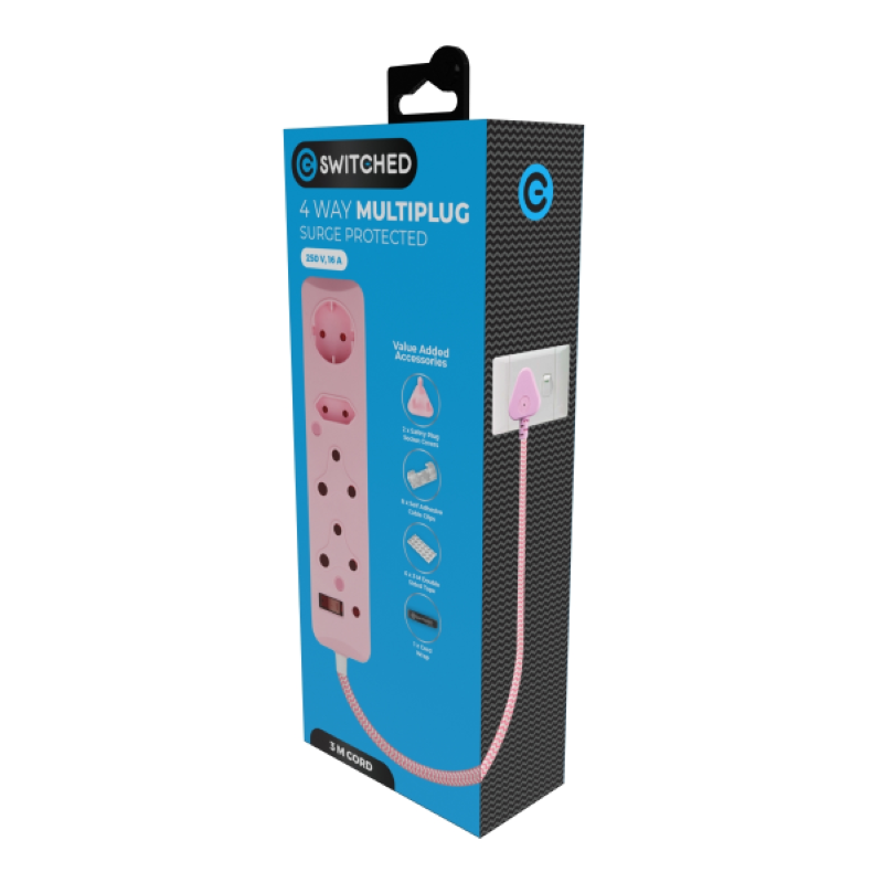 Switched 4 Way Surge Protected Multiplug 3M - Pink