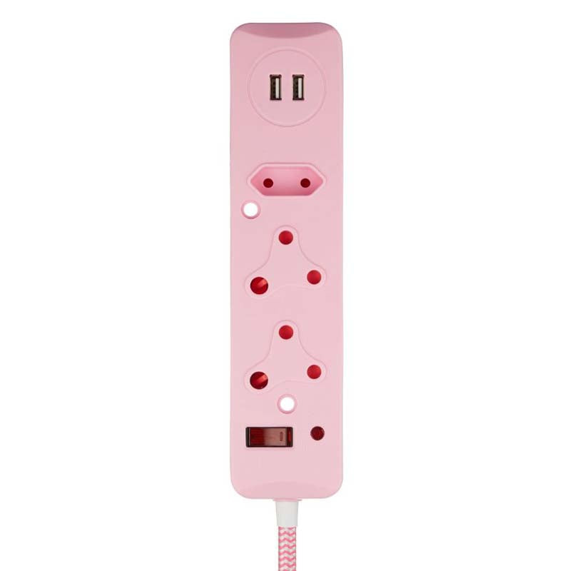 Switched 3 Way Surge Protected Multiplug With Dual 2.4A USB Ports 0.5M - Pink