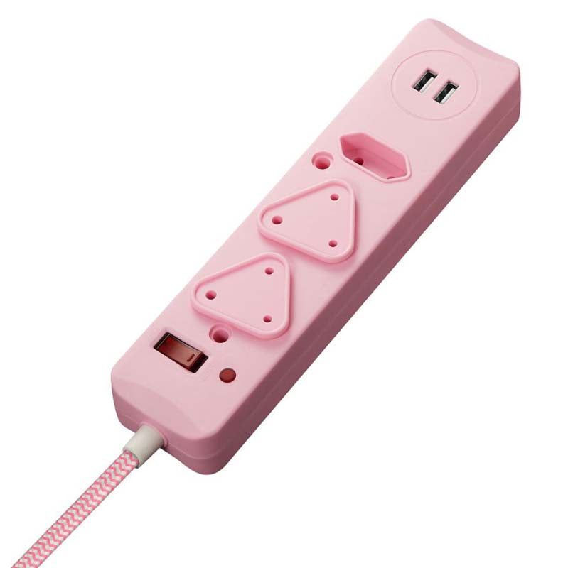 Switched 3 Way Surge Protected Multiplug With Dual 2.4A USB Ports 0.5M - Pink