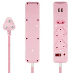 Switched 3 Way Surge Protected Multiplug With Dual 2.4A USB Ports 0.5M - Pink