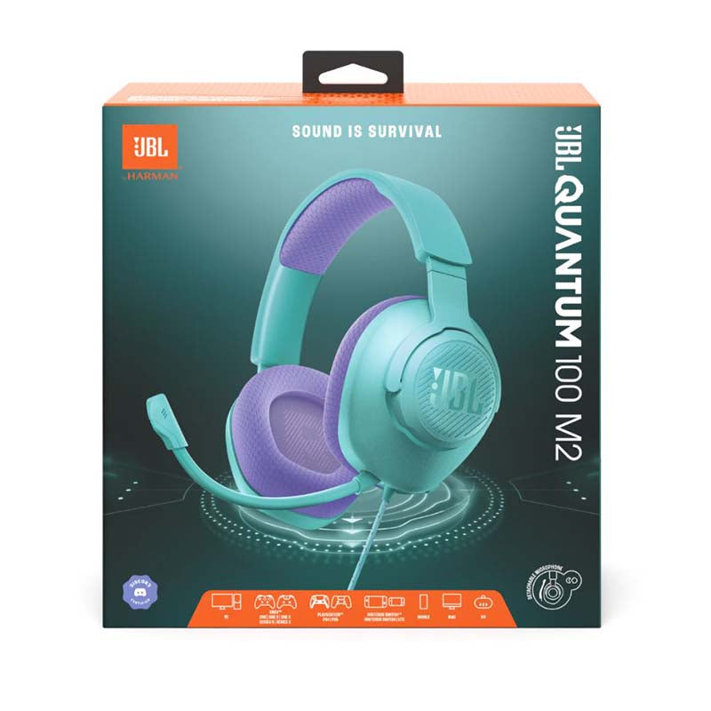 JBL Quantum 100M2 Wired Over-Ear Gaming Headset with Detachable Mic - Cyan