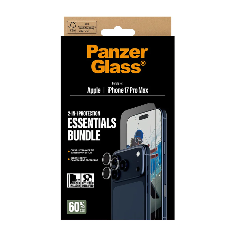 PanzerGlass 2-in-1 Essentials Bundle iPhone 17 Pro Max | Ultra-Wide Fit + Hoops - Clear