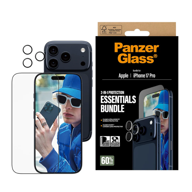 PanzerGlass Essentials Bundle Apple iPhone 17 Pro| Ultra-Wide Fit + Hoops