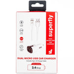 Superfly 3.4A Dual Usb Micro Car Charger - White