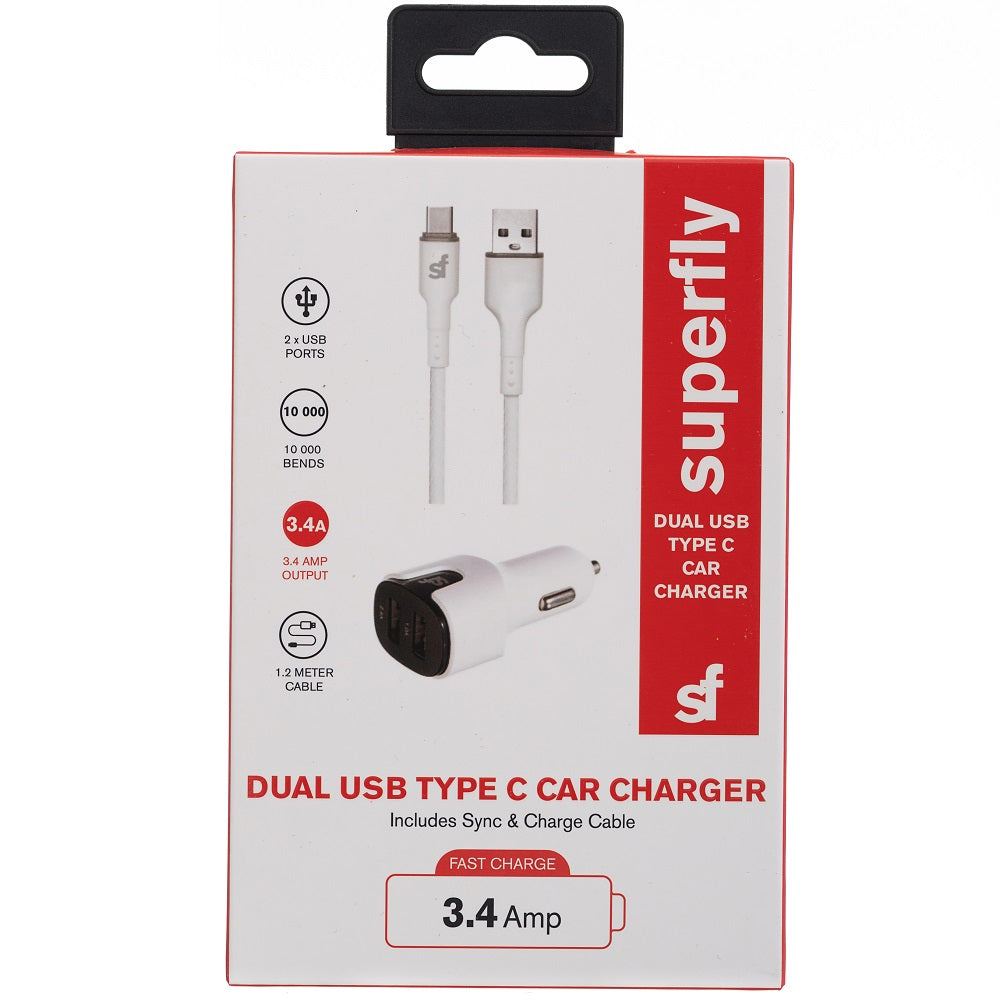 Superfly 3.4A Dual Type C Car Charger - White