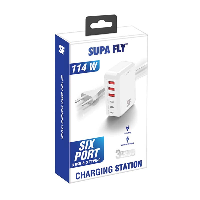 Supa Fly 114W 6 Port Smart Charging Station - White