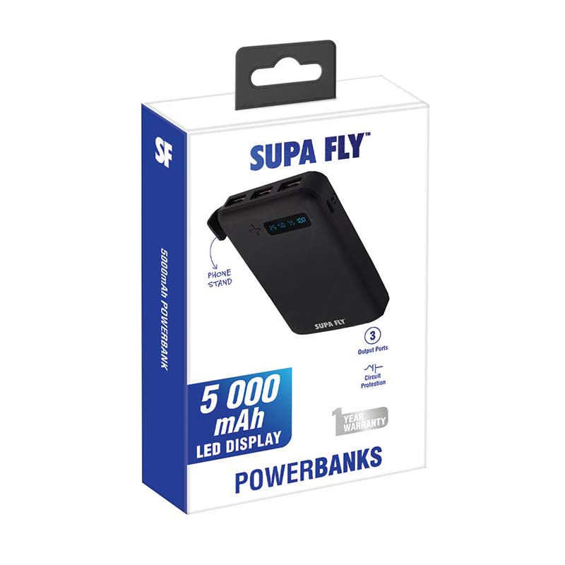 Supa Fly Power Bank 5000mAh with 3 USB Ports - Black