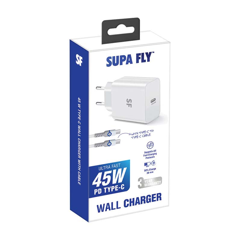 Supa Fly 45W Type C Wall Charger with Type C Cable - White