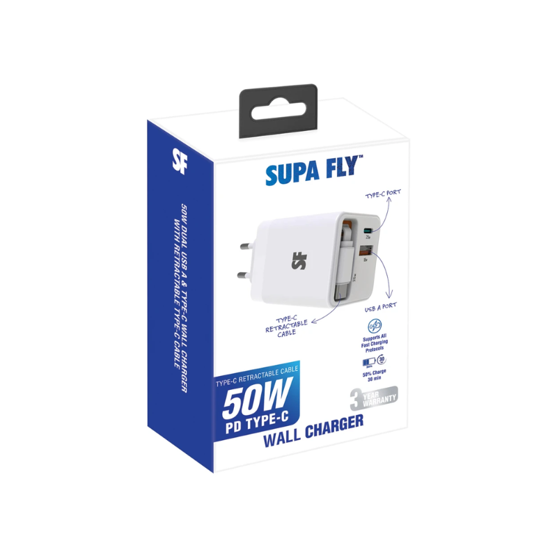 Supa Fly 50W Dual USB Wall Charger Retractable Type-C Cable - White