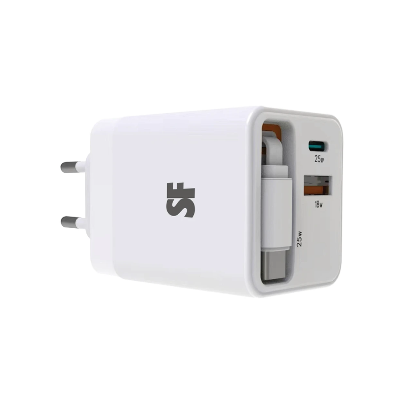 Supa Fly 50W Dual USB Wall Charger Retractable Type-C Cable - White