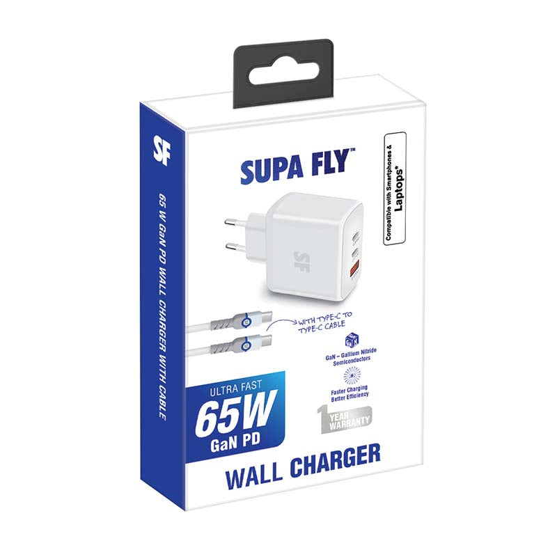 Supa Fly 65W GAN Wall Charger with Type C Cable - White