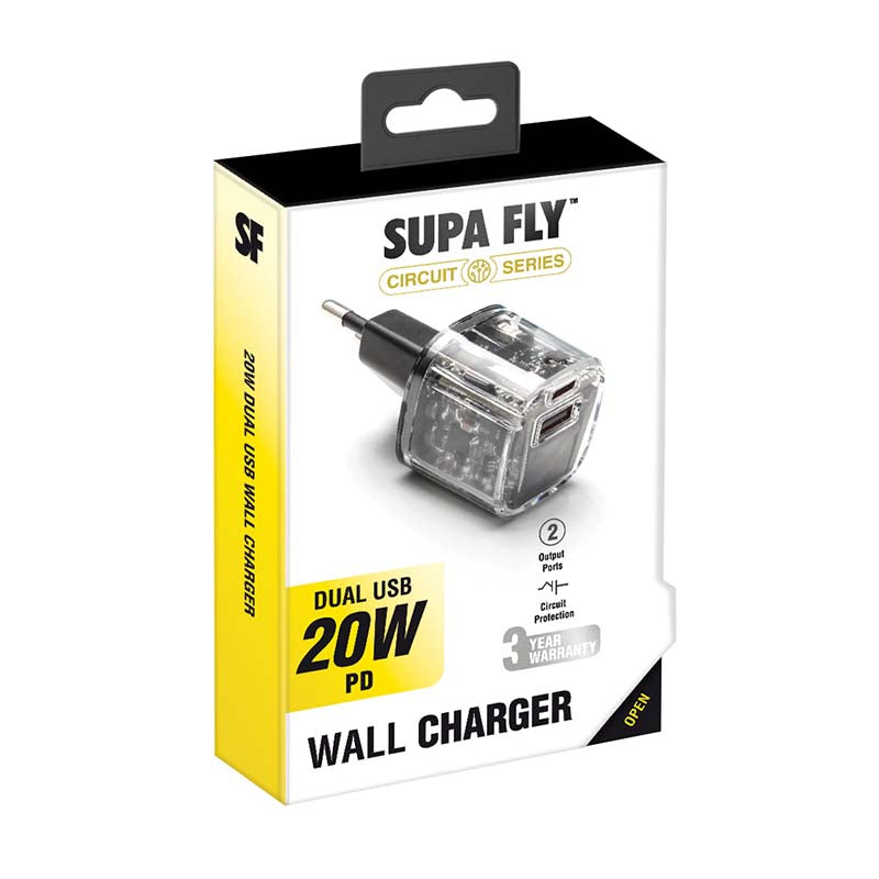 Supa Fly Circuit Series Dual USB 20W Type C Wall Charger  - Transparent