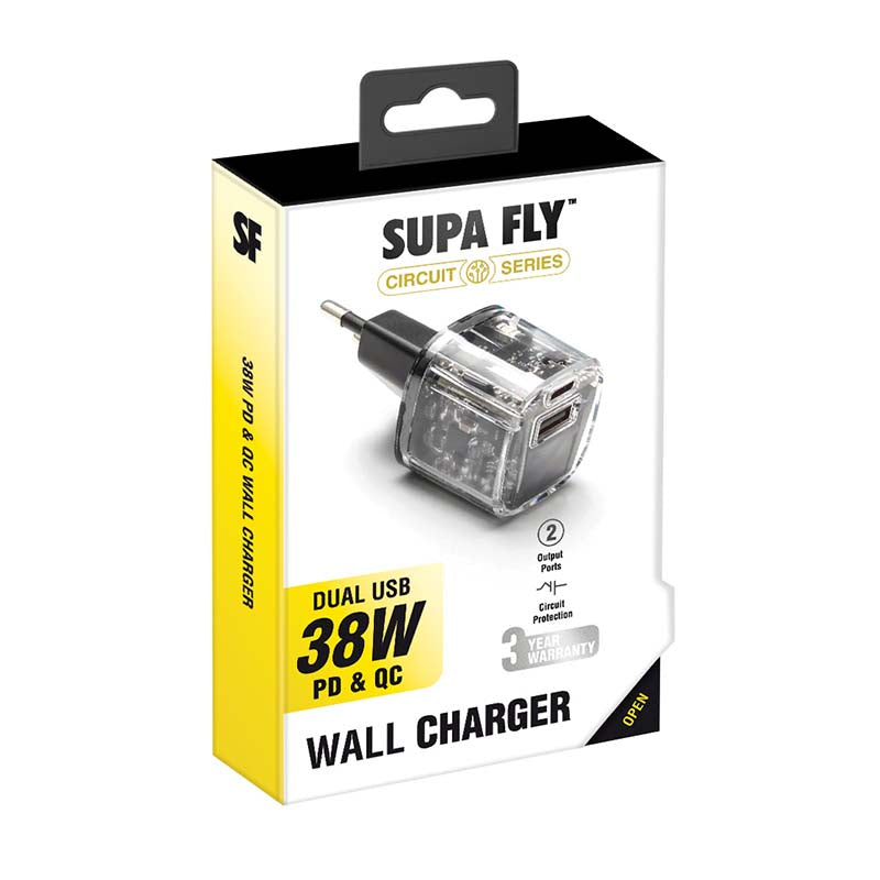 Supa Fly Circuit Series Dual USB 38W Type C Wall Charger - Transparent