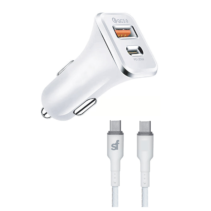 SF PD Car Charger with Type C Cable - White