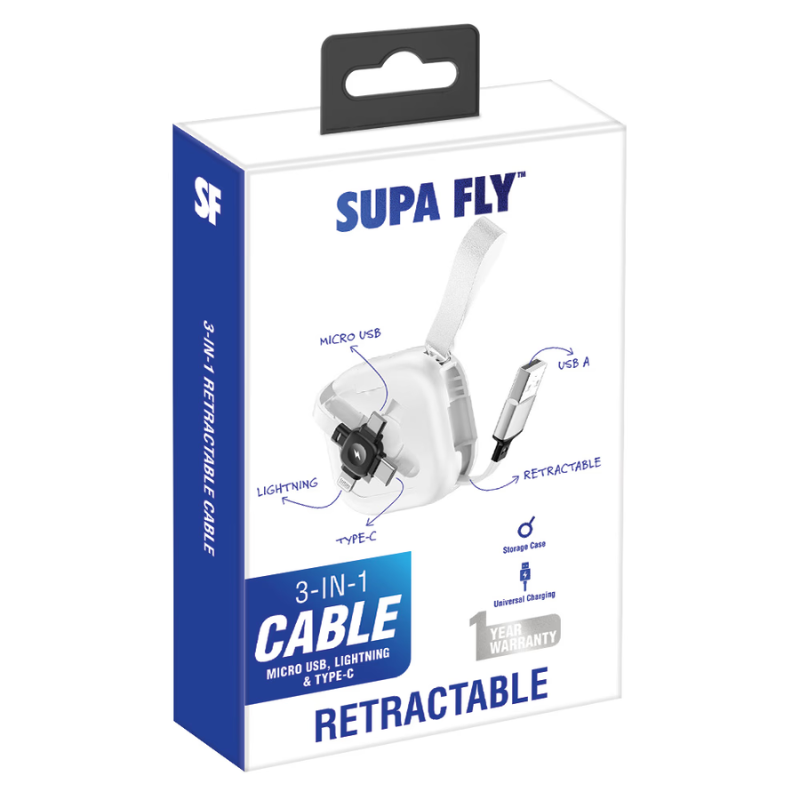 Supa Fly Retractable 3-in-1 Charging Cable - White