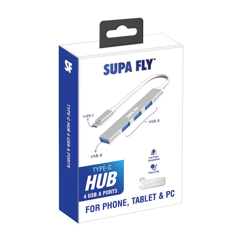 Supa Fly USB 4 Port Type C Hub - Silver