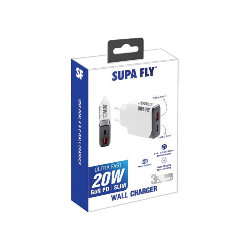 Supa Fly 20W Dual A & C Wall Charger - White & Grey