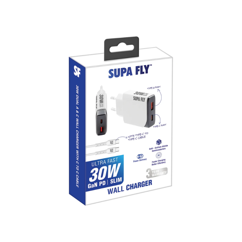 Supa Fly 30W Dual A & C Wall Charger with C to C Cable - White