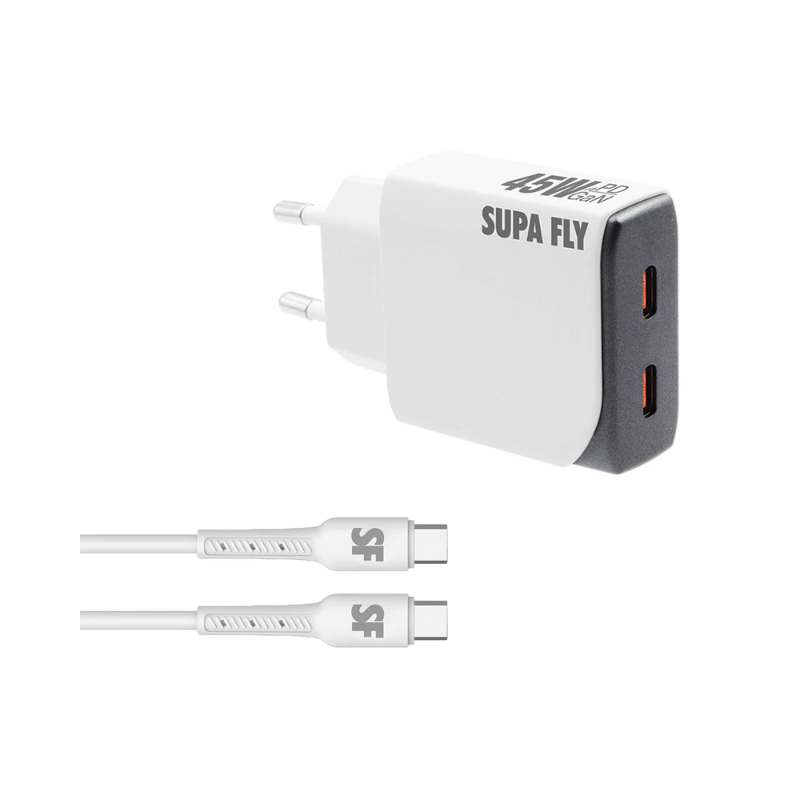 Supa Fly 45W Slim Dual C Wall Charger with C-C Cable - White & Grey