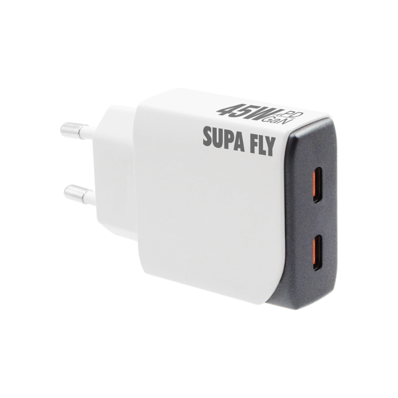 Supa Fly 45W Slim Dual C Wall Charger with C-C Cable - White & Grey