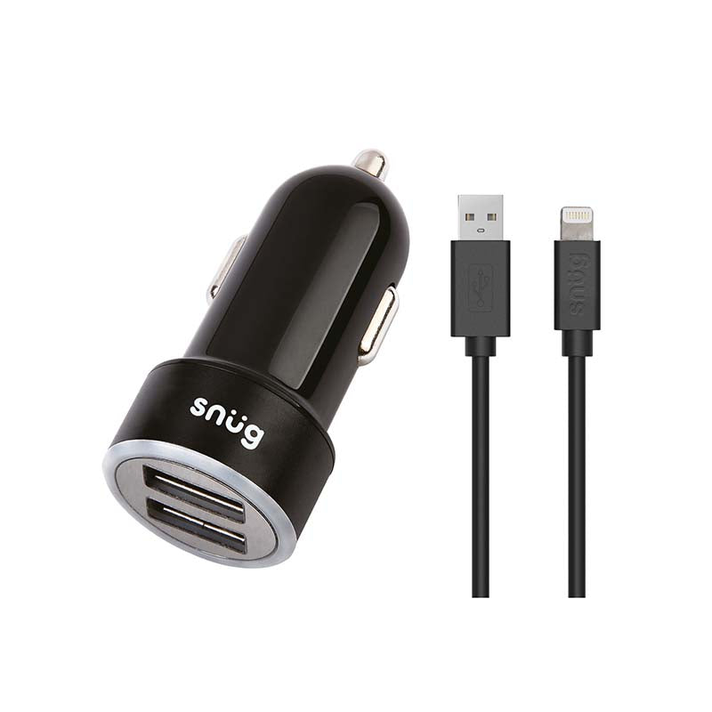 Snug Car Juice Dual USB Port Car Charger With Lightning Cable - Black